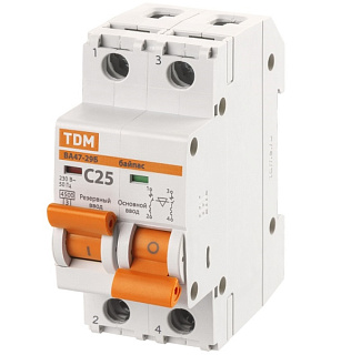 картинка Автоматический выключатель с механической блокировкой (байпас) 1Р+1Р 25А 4,5кА х-ка C ВА47-29Б TDM от интернет-магазина К1-СТРОЙ