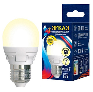 картинка Лампа светодиодная диммируемая LED-G45 7W-3000K-E27-FR-DIM PLP01WH Uniel от интернет-магазина К1-СТРОЙ