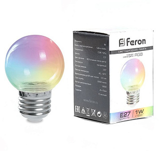 картинка Лампа светодиодная декоративная шар Feron LB-37 E27 1Вт RGB от интернет-магазина К1-СТРОЙ