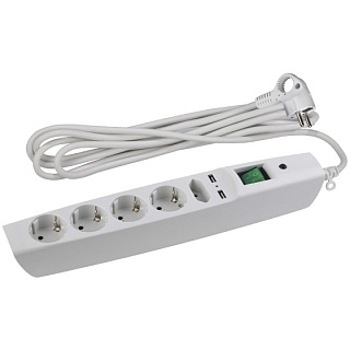 картинка Сетевой фильтр ЭРА SFU-5es, 5 розеток, 2 USB, 2 м, белый от интернет-магазина К1-СТРОЙ