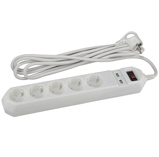 картинка Сетевой фильтр 5 гнезд 2xUSB-W 1,5м. Белый ЭРА от интернет-магазина К1-СТРОЙ