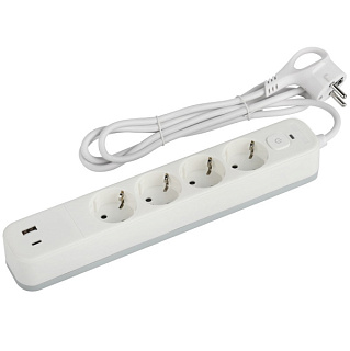 картинка Сетевой фильтр USF-4es-1,5m-2xUSBAC-W с базовой защитой с заземлением с выключателем 4 розетки+2xUSBA+C3,1A 1,5м 10А ЭРА от интернет-магазина К1-СТРОЙ