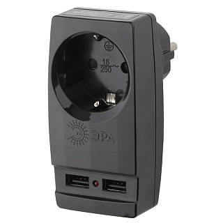 картинка Разветвитель ЭРА SP-1e-USB-B на 1 розетку и 2 USB с заземлением, 16А, черный от интернет-магазина К1-СТРОЙ