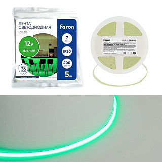 картинка Светодиодная COB лента LS630, 400SMD (2110)/ 7Вт/м 12V 5000*3*1.8мм зеленый, IP20 Feron от интернет-магазина К1-СТРОЙ