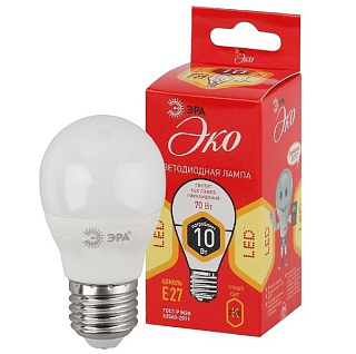 картинка Лампа светодиодная ЭКО 10w E27 2700k Led шар ЭРА от интернет-магазина К1-СТРОЙ