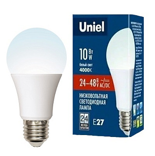 картинка Лампа светодиодная LED-A60-10W/NW/E27/FR/24-48V PLO55WH Uniel от интернет-магазина К1-СТРОЙ