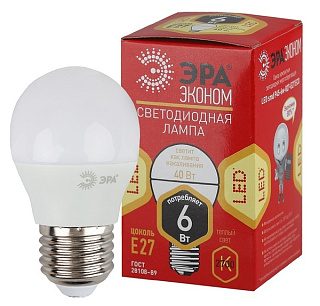 картинка Лампа светодиодная ЭКО 6w E27 2700k Led шар ЭРА от интернет-магазина К1-СТРОЙ