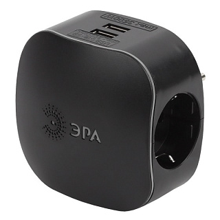 картинка Разветвитель ЭРА SP-3e-USB на 3 розетки + 2 USB, с заземлением и шторками, 16 А, чёрный от интернет-магазина К1-СТРОЙ