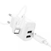 картинка Сетевое зарядное устройство + кабель Type-C 2USB 2.1A 1м белый C141A HOCO от интернет-магазина К1-СТРОЙ
